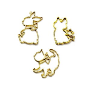 リボンうさぎと2種類のネコ★アンティークチャーム・レジン空枠★ゴールドカラー デコパーツ・デコ土台 猫・ねこ
