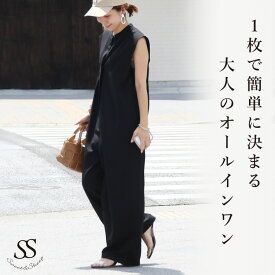 オールインワン ノースリーブ サロペット バンドカラー 夏 ワイドパンツ レディース オールインワン ロング丈 丈が選べる 大人 ゆったり 涼しい 体型カバー サロペット きれいめ 七五三 お宮参り 洗える フォーマル 着痩せ 結婚式 Iライン M L LL ママ 母 40代 50代