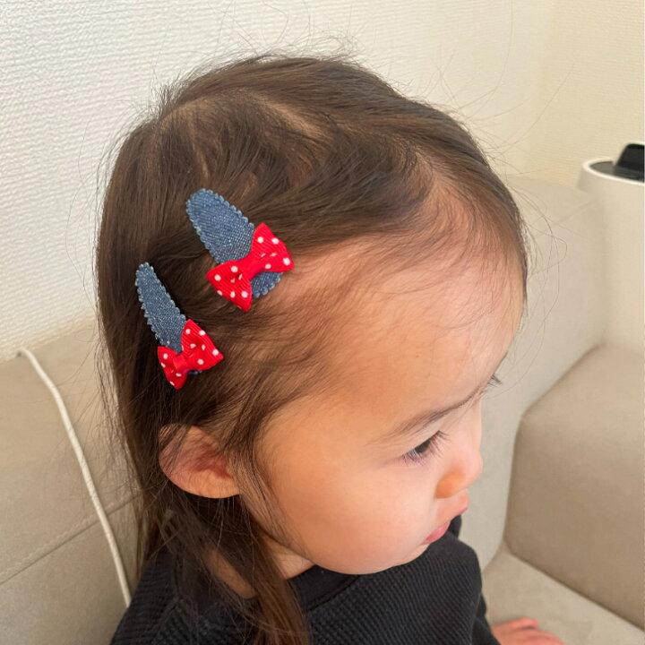 楽天市場】【 赤ちゃん ヘアピン 】布地 水玉リボン付 デニム パッチン 