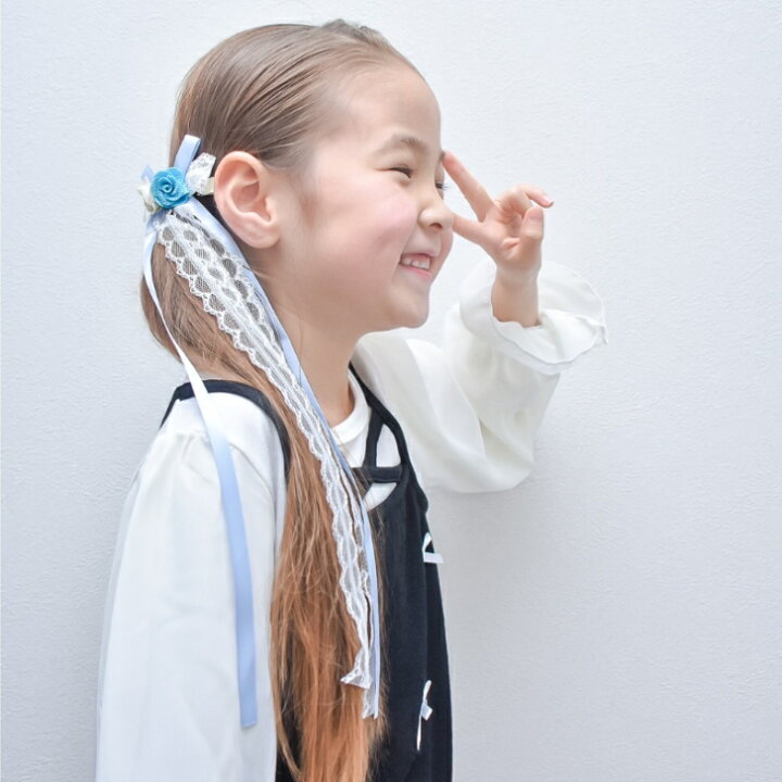 楽天市場】2フラワー サテン レース ロングリボン ヘアクリップ (1コ 