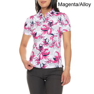 (���) �`���[�X ���f�B�[�X �v�����e�b�h �|�� �V���c - Upf 50�ȏ�, �V���[�g �X���[�u KJUS women Enya Printed Polo Shirt - UPF 50+, Short Sleeve Magenta/Alloy