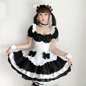 メイド服 9点 上下セット 大きい白リボン セクシー ミニ丈 チョーカー付き ロリータ コスプレ ハロウィン コスチューム 制服 半袖 定番 衣装 仮装 コスチューム おすすめ 可愛い 男ウケ 大きいサイズ 学園祭 文化祭