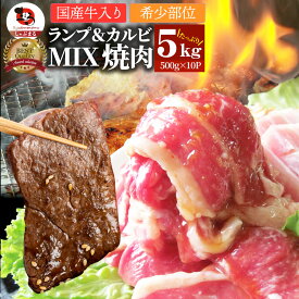 肉 焼肉 牛肉 国産牛入り ランプ＆カルビミックス焼肉5kg(500g×10P)赤身 贅沢 おトク お徳用 送料無料 あす楽 肉 通販 グルメ アウトドア お家焼肉 レジャー 送料無料 バーベキュー 食材 セット