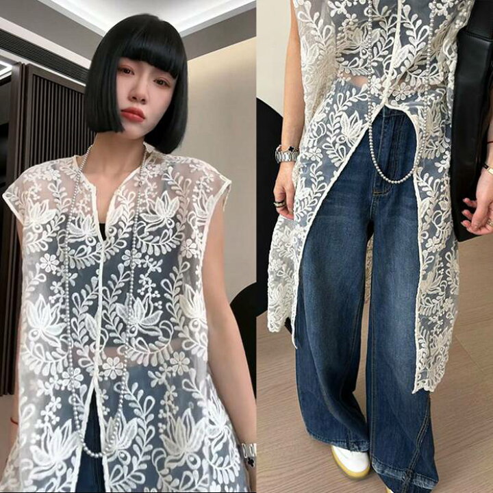 楽天市場】総レースベスト ロング丈 刺繍 上品 レディース 夏 vネック 