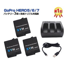 GoPro HERO7 black HERO6 HERO5 black HERO2018 対応 SYH SHOPオリジナル互換バッテリー3個（保護ケース入り）＋USBトリプルバッテリー充電器　GoProバッテリー3個同時急速充電が可能 S-10