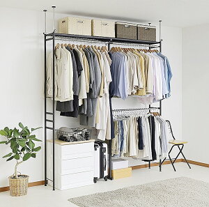 ツッパリ クローゼット ハンガーラック ハイタイプ ワイド ブラック ウォークイン 突っ張り 伸長式 伸縮式 衣類収納 洋服収納 洋服掛け 大容量 衣類整理 突っ張りハンガーラック 大型 ワー