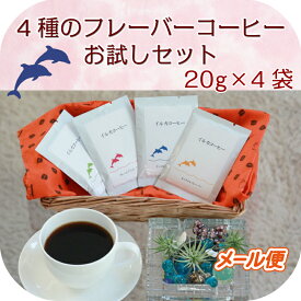 【東京 イルカコーヒー】 【お試し】 4種のフレーバーコーヒー 20g×4種 約8杯分 中煎り 中挽き お取り寄せグルメ コーヒー豆 キャラメル ヘーゼルナッツ クレームブリュレ ナッツ＆キャラメル 珈琲 焙煎所から直送 送料無料 ポスト投函 ご自宅用 ドルフィンブルー iruka20