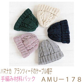 ハマナカ　アランツィードのケーブル帽子AMUー178完成品ではありません。手編み材料パックです。（糸と編み図だけが入っています。ボタン、ファスナー等は入っていません。）