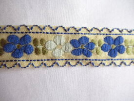 チロリアンテープ　青いお花の刺繍　90cmカット　エンブリボン　チロルリボン