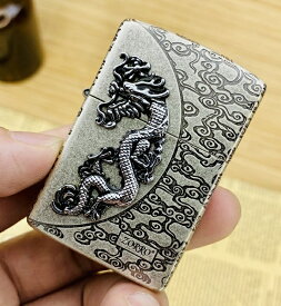 ZORROゾロオイルライター、レトロライター 立体メタル貼り 銀龍ドラゴンデザイン　縁起　 龍と凤凰が吉兆を演出