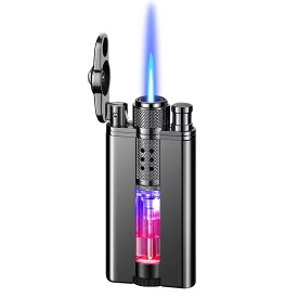 LEDライト付きガスライターターボライター 透明ガスタンク ダブル火口 防風直噴タイプ 青い炎 点火安定 ジルコニア装飾 頑丈な亜鉛合金製 メンズ プレゼントにも最適