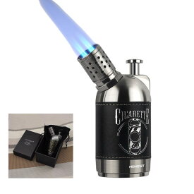 【HONEST】ターボライター 超大容量ガス注入式 着火器 四連直噴ブルーフレーム 強火力 アウトドア トーチライター メンズギフト おしゃれ PUレザー 高級感 BBQ シガーライターギフト箱付き　革巻き風デザイン／高火力／雪茄対応／多機能着火器