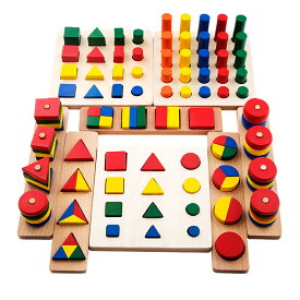 木製 カラフル 知育玩具セット モンテッソーリ教育に おもちゃ はめこみ 形合わせ 棒さし 8種類 子供 幼児 早期 教材 ブロック パズル 幼児教育