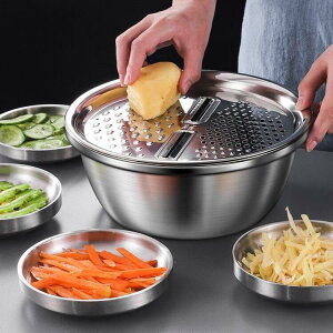 3点セット ステンレスボウル 野菜カッター 4-in-1スライサー&おろし金 千切り 水切り スライサー 米とぎ 多機能 調理器具セット 野菜 果物洗