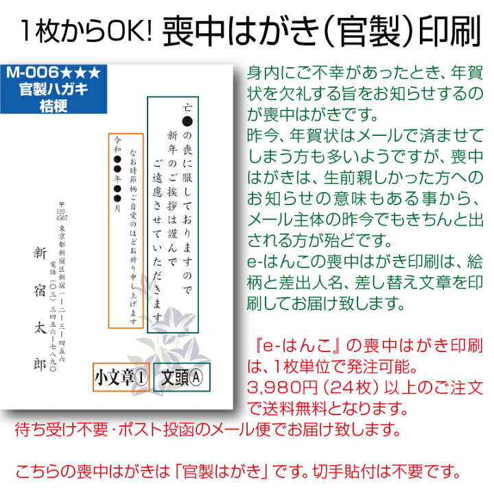 楽天市場 喪中はがき 印刷 官製はがき 切手不要 で 投函 出来ます ハガキ代込み で 官製はがき に印刷します Young Zone Hls Du ｅ はんこ 楽天市場店