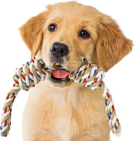 SZSS 犬 おもちゃ ロープ トイ 噛む 犬用玩具 大型犬 中型犬 オーガニックコットン 丈夫 ストレス発散 運動不足解消 訓練用 デンタルケア 清潔 引っ張り 両側 ループ カラフル青、白、赤、黄