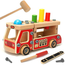 木製おもちゃ 工具おもちゃ 車 トラック DIY 組み立てタイプ ねじねじ ハンマー ドライバー 大工さんおもちゃ 大工さんセット 男の子 女の子 車おもちゃ クリスマス プレゼント レッド