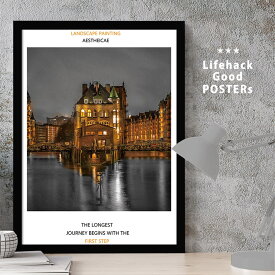 【マラソン限定クーポン】 LIFEHACK アートポスター シンプル 高解像度 A2 A3 A4 サイズ フレーム対応 ビル マンション ホテル アパートメント 風景 景色 街並み ストリート 海外 写真 水鏡 水に映る夜景