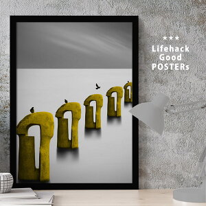 LIFEHACK プロ仕様 アートポスター シンプル モダン A2 A3 A4 サイズ フレーム対応 霧の海 霧 海洋 海 橋脚 自然 美しい 鳥 水 黒 白 グレーの海 灰色の鳥 灰色の海