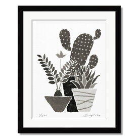 絵画 モノクロ 植物画 ザミアとサボテンとハオルシア 黒額 四切 玄関に飾る絵 リビング 店 部屋 床の間 プレゼント 白黒 母の日