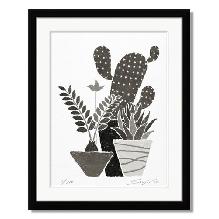 楽天市場 Black Friday 絵画 モノクロ 植物画 ザミアとサボテンとハオルシア 黒額 四切 玄関に飾る絵 リビング 店 部屋 床の間 プレゼント 白黒 父の日 壁掛けアート専門店東京アートラボ