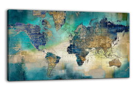 【ポイントアップ！5/15まで】アートパネル WORLDMAP 世界地図 インテリア モダン マップ BLUE GOLD ゴールド 金箔付き シャビーブルー レトロ 壁飾り