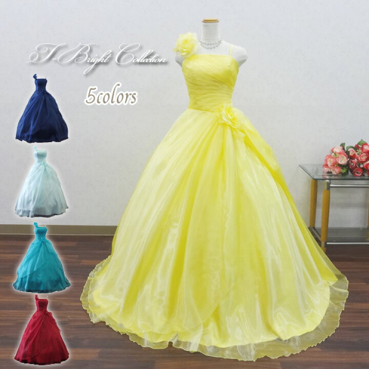 楽天市場 カラードレス 演奏会 二次会 花嫁 黄 水色 紺 緑 赤 イエロー アイスブルー ネイビー ワインレッド エメラルドグリーン 5号7号9号11号 ウエディングドレス ロングドレス 演奏会用ドレス ステージドレス プリンセスライン コサージュ 背中編み上げ 2210 ｔ