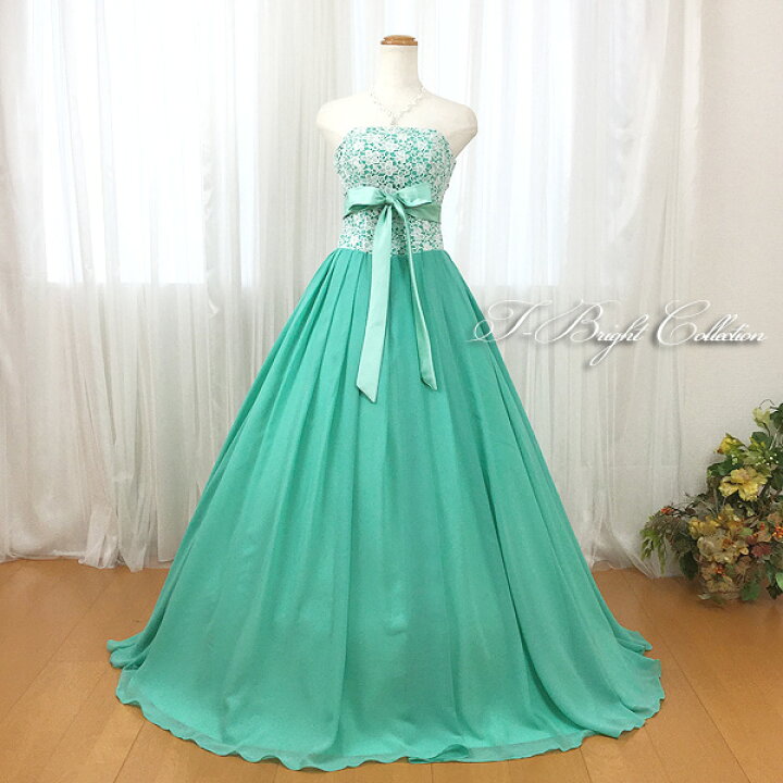 楽天市場 サッシュリボン付 カラードレス 5号7号9号 エメラルドグリーン 花嫁 結婚式 ハイウエストのプリンセスライン 胸元レース 背中編上げ ロングドレス 二次会 妊婦 外国 海外挙式 パーティ 演奏会 発表会 衣装 111 ｔ ブライト楽天市場店