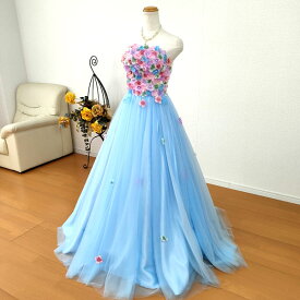 カラードレス 演奏会用ドレス ロングドレス ウエディング 7号9号11号13号 Ellis 背中編み上げ 小花 パステルカラー 中学生 高校生の演奏会にお勧め コンクール プリンセスライン ピンク 紫 パープル 黄 3366