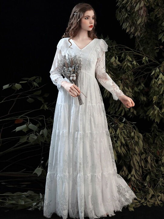 楽天市場】【即納】ウェディングドレス 長袖 二次会 白 総レース 袖  