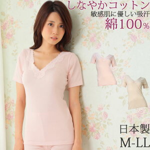 オーガニックコットン100%Vネックレース3分袖インナー日本製綿100%M/L/LL大きいサイズ女性下着肌着レディースインナー母の日敬老の日ギフト贈り物
