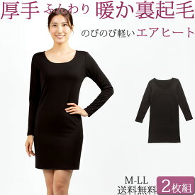 厚手 裏起毛 インナーワンピース あったかインナー レディース 長袖 秋 冬 ペチコート 暖かい 防寒 スカート スリップ ロング セット 2枚 大きいサイズ LL M L 黒 透け防止 ランジェリー 女性 下着 寒さ 冷え対策 部屋着 8分袖 ストレッチ
