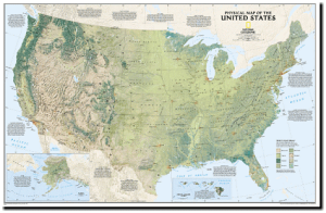 インテリアに最適な壁掛け用ポスタータイプ　ナショナルジオグラフィック製正規品 アメリカ合衆国地勢図 United States Physical