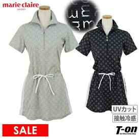 【30％OFF SALE】マリクレール マリ・クレール スポール marie claire sport レディース ポロシャツ 半袖 ハーフジップシャツ チュニック丈 UVカット 接触冷感 ストレッチ メッシュ調素材 ロゴ総柄 M～3Lまで ゴルフウェア