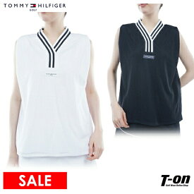 トミー ヒルフィガー ゴルフ TOMMY HILFIGER GOLF 日本正規品 レディース Vネックシャツ ノースリーブ プルオーバー メッシュレース素材 裏地付き ベストにもなる 衿ボーダー ゆったりデザイン シリコンロゴ 【送料無料】 2024 春夏 新作 ゴルフウェア