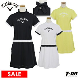 キャロウェイ アパレル キャロウェイ ゴルフ Callaway APPAREL レディース ワンピース 半袖 ハイネック ストレッチ 吸汗速乾 通気 メッシュ調素材 後ろリボンデザイン ロゴプリント 【送料無料】 2024 春夏 新作 ゴルフウェア