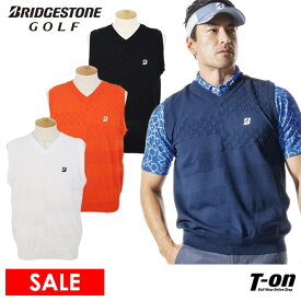 ブリヂストン ゴルフ BRIDGESTONE GOLF メンズ ベスト ニットベスト Vネック 編地デザイン 市松模様 メッシュ編み ロゴプリント M～3Lまでご用意 【送料無料】 2024 春夏 新作 ゴルフウェア