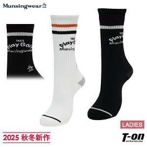 マンシングウェア Munsingwear レディース ソックス クルー丈 一部厚底パイルクッション 土踏まずリブ ロゴジャカード ロゴ刺繍 ラインデザイン 抗菌防臭 2025 秋冬 新作 ゴルフ