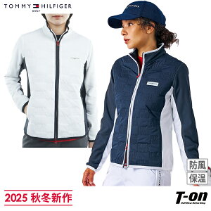 トミー ヒルフィガー ゴルフ TOMMY HILFIGER GOLF 日本正規品 レディース ブルゾン 防風ボンディング ロゴキルト パテッドジャケット ストレッチ 部分薄中綿入 裏微起毛 サイド配色切替デザイン