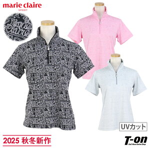 マリクレール マリ・クレール スポール marie claire sport レディース ポロシャツ 半袖 ハーフジップ ハイネックシャツ UVカット 吸汗 速乾 ジャガードリボンロゴ柄 総柄 M〜3Lまでご用意 2025 秋冬