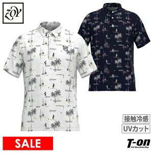 【30%OFF SALE】ゾーイ ZOY メンズ ポロシャツ 半袖 台襟付きシャツ ポリエステル鹿の子素材 軽量 UVカット 接触冷感 パームツリー&ヨット柄 リゾート柄 エンブレロゴワッペン 【送料無料】