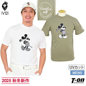 V12 ゴルフ ヴィ・トゥエルブ メンズ ハイネックシャツ 半袖 UVカット 吸水速乾 ディズニー コラボ ミッキーマウス バックロゴプリント モックネックシャツ M〜3Lまでご用意 【送料無料】 2025 秋冬 新作 ゴルフウェア