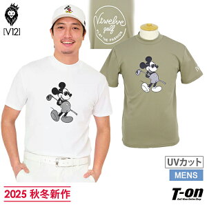 V12 ゴルフ ヴィ・トゥエルブ メンズ ハイネックシャツ 半袖 UVカット 吸水速乾 ディズニー コラボ ミッキーマウス バックロゴプリント モックネックシャツ M〜3Lまでご用意 【送料無料】 2025