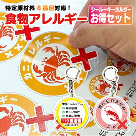 【おまけ】シール＋キーホルダーのお得セット 食物アレルギーお知らせグッズ 「食べられません！」名札やカバンにたくさん貼れるA4ステッカーシート アレルゲン 周知シール 認知シール 周知キーホルダー エビ カニ たまご くるみ ピーナッツ 小麦 乳製品