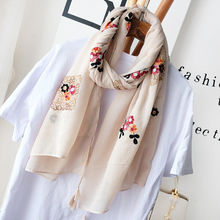 楽天市場】9色 ストール 春用 夏用 春夏 フリンジ付き 刺繍 花柄 大判 