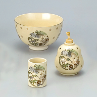 【茶道具 / 茶箱】 英香作 / 仁清 松竹梅 三点セット (茶碗・振出・茶きん筒)　陶器製
