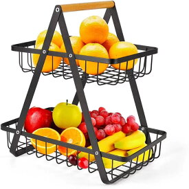 【送料無料】フルーツバスケット 2段式 バスケット かご 卓上かご ディスプレイ用 果物入れ 野菜置き 果物収納ラック キッチンカウンター収納 金属製 フルーツボール 卓上収納 大容量 取り外し可能 オシャレ オススメ 人気 プレゼント