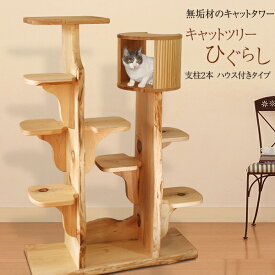 【無垢材】キャットツリーひぐらし　支柱2本ハウス付きタイプ