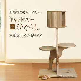 【無垢材】キャットツリーひぐらし（小）支柱1本ハウス付きタイプ