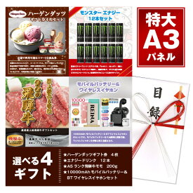 【特典あり!】二次会 景品 単品 選べる4ギフト【ハーゲンダッツギフト 飛騨牛 モンスターエナジー モバイルバッテリー】選べるギフト カタログギフト 目録 A3パネル付 新年会 景品 ビンゴ 景品 結婚式 景品 二次会 景品 ゴルフ 景品 コンペ 景品 イベント 景品